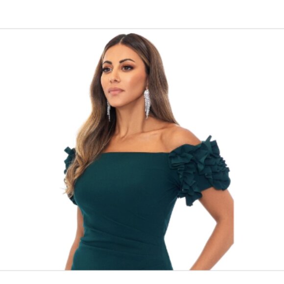 Xscape Petite Off-the-Shoulder Ruffle-Sleeve MIDI Dress - Pine - Picture 3 of 4